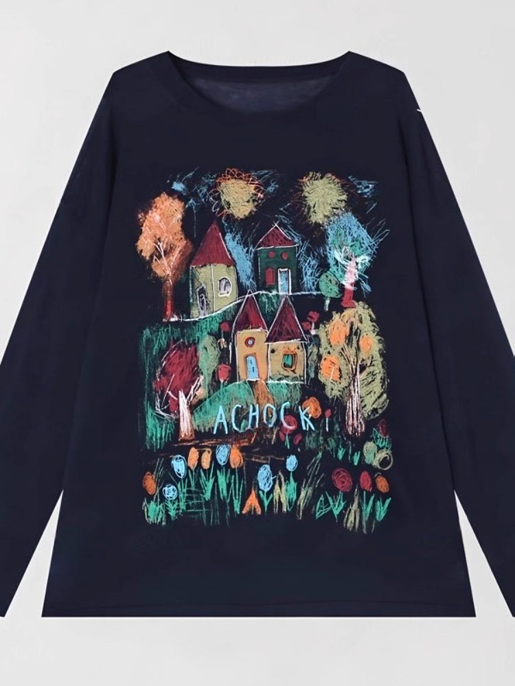 Qadınlar üçün Amerika üslubunda rəngarəng qrafiti naxışlı uzunqol futbolka, yeni 2026-cı ilin yazı, böyük ölçüdə, şık dizaynlı geniş üst hissə.