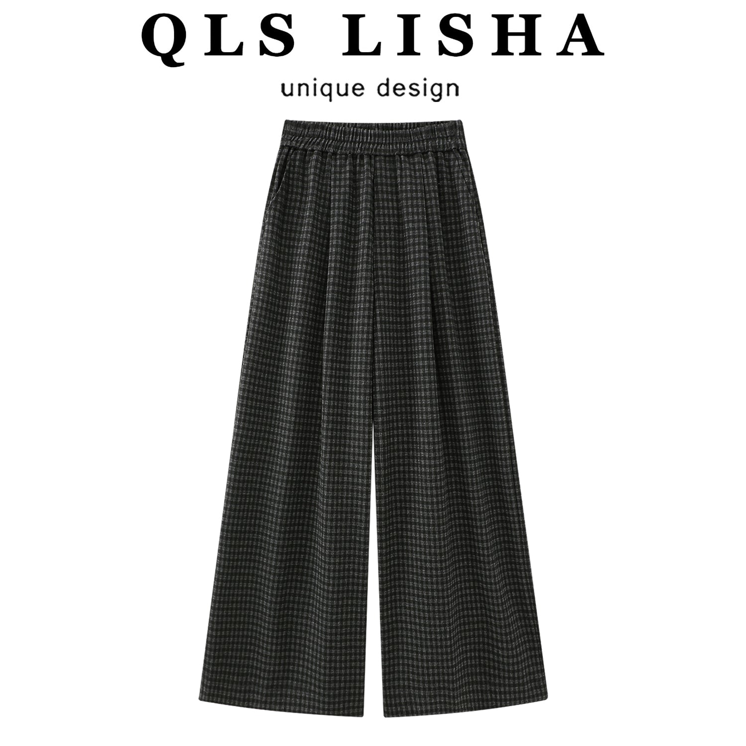 Chola Lisa Koreya üslubunda qadınlar üçün rahat dama-dama şalvar, qış üçün payız yüksək belli, enli, yun düz ayaqlı gündəlik şalvar.