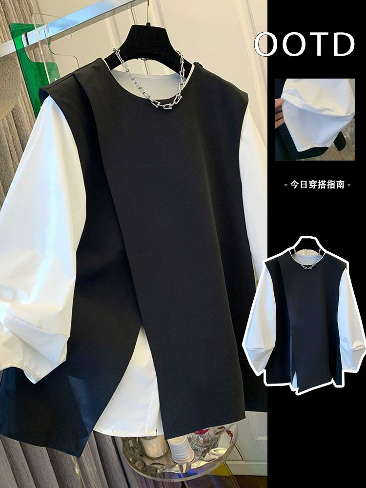 A classy, ​​stylish, versatile and elegant black suit vest shirt set, perfect for layering in the spring of 2025.