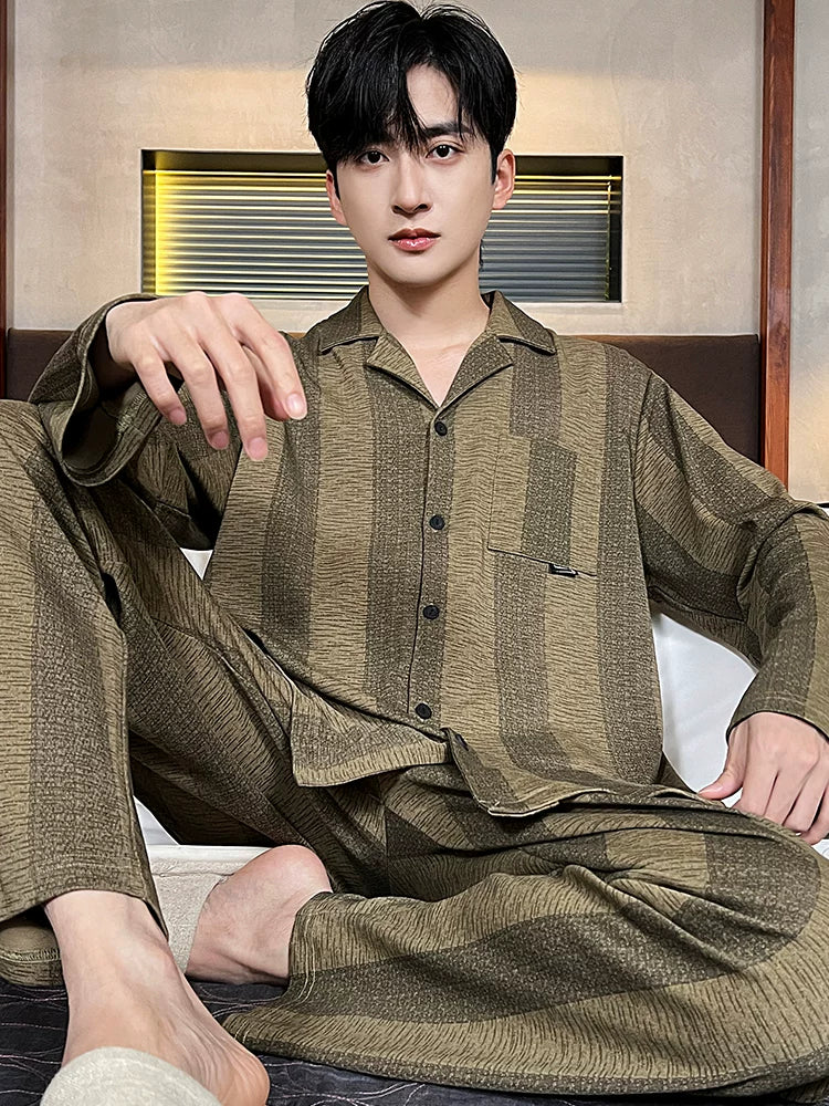 Langsha Kişilər üçün Təmiz Pambıq Pijama 2025 Yeni Yaz və Payız Nazik Uzunqollu Böyük Ölçülü Payız və Qış Kişilər üçün Ev Geyimləri Dəsti