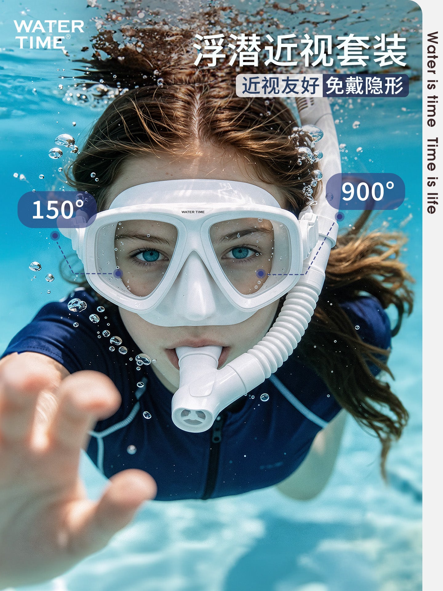 WaterTime snorkeling maskası, miyopi, müxtəlif dərəcəli dalğıc maskaları, snorkeling avadanlığı, üç hissəli dalğıc maskaları dəsti