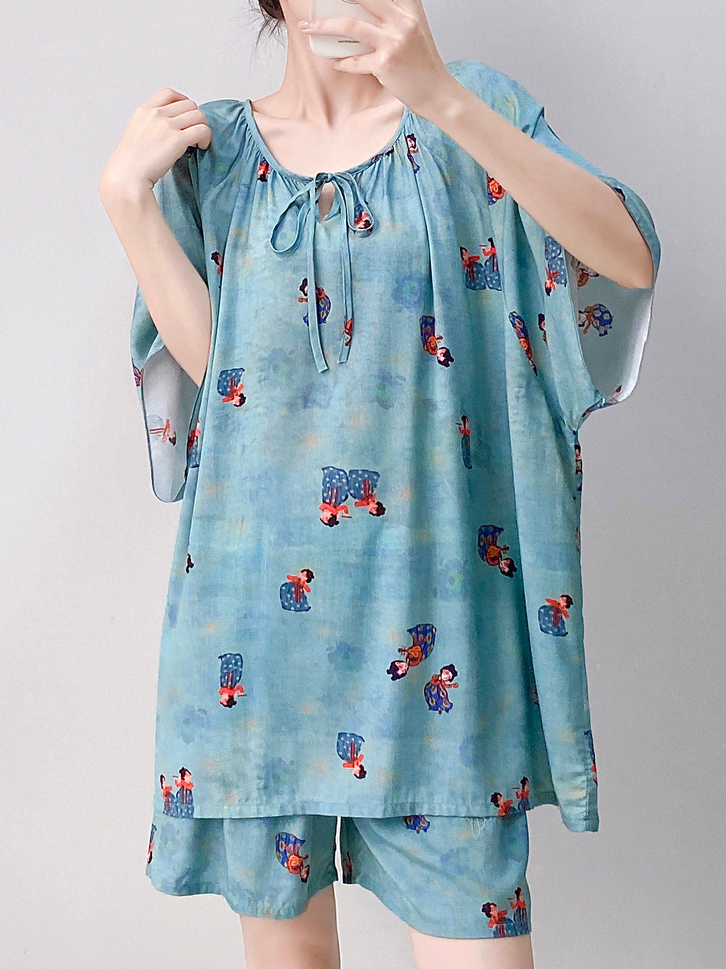 Qadınlar üçün yeni Çin üslublu retro pambıq ipək pijama, yay qısaqol şort, boş və geyilə bilən, yüksək səviyyəli ev paltarı dəsti