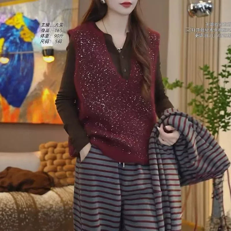 Qadınlar üçün Avropa üslubunda muncuqlu qolsuz toxunma jilet, payız və qış, böyük ölçüdə, geniş formada, yüksək səviyyəli model.