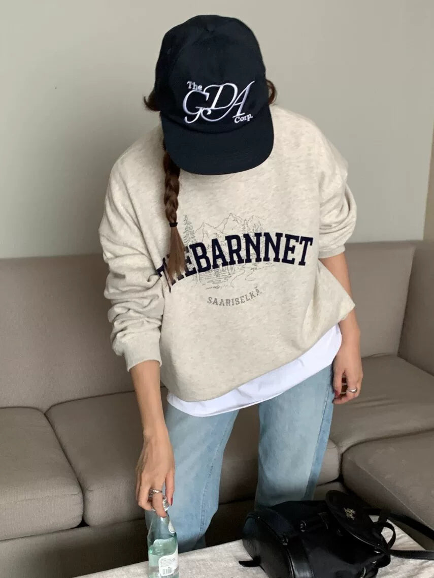 Yüksək keyfiyyətli thebarnnet səkkiz döşlü Koreya hərfli qar dağı naxışlı tənbəl stilli sviter, təmiz pambıqdan hazırlanmış qadın 2025 payız