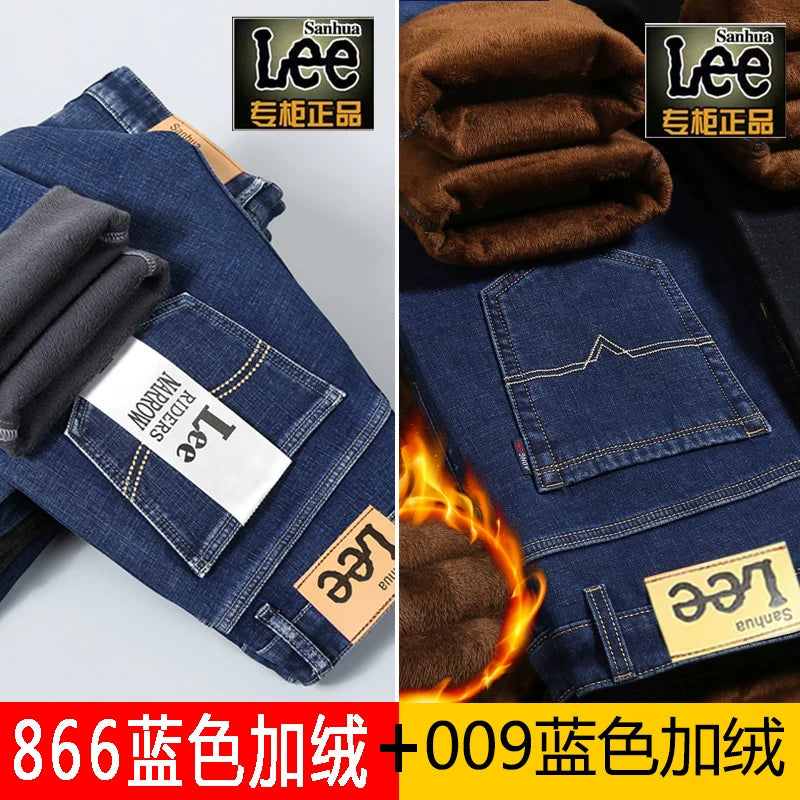 Payız/Qış üçün Kişilər üçün Qalın Yun Astarlı Cins Şalvar, İşgüzar Üslubda, Boş Formada, Düz Ayaqlı, Gündəlik, Uzun Şalvar, Elastik, Davamlı və Geyilməyə Davamlı