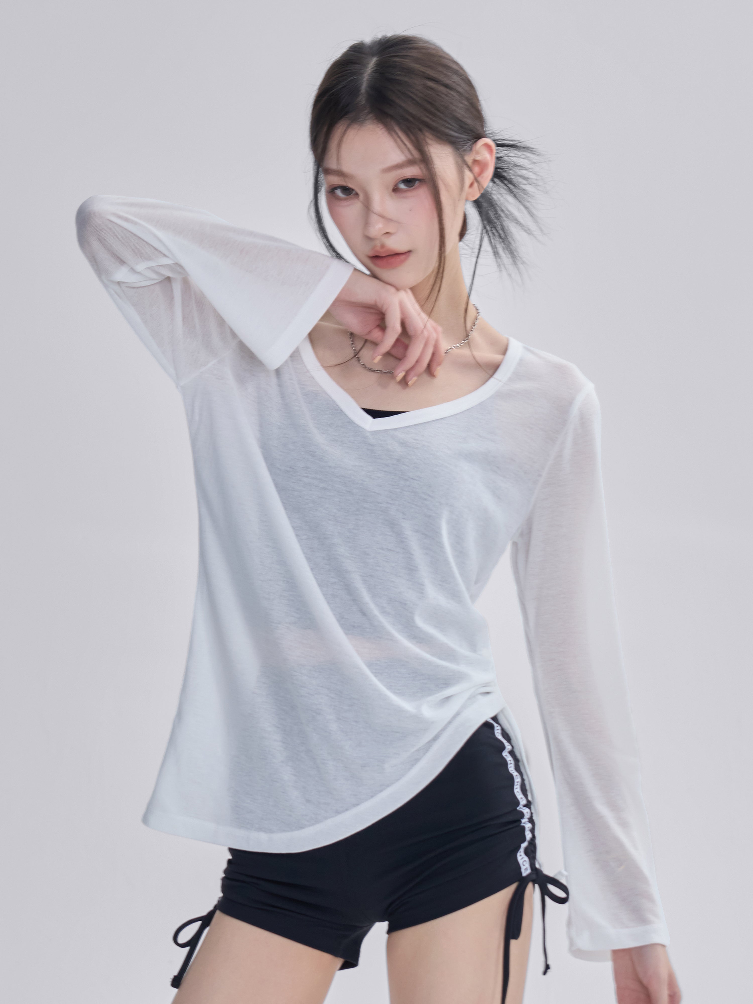Qadınlar üçün yoqa paltarı bluza, boş arıqlayan uzunqol idman top, yaz və yay fitnes Pilates məşqi ipli nazik köynək