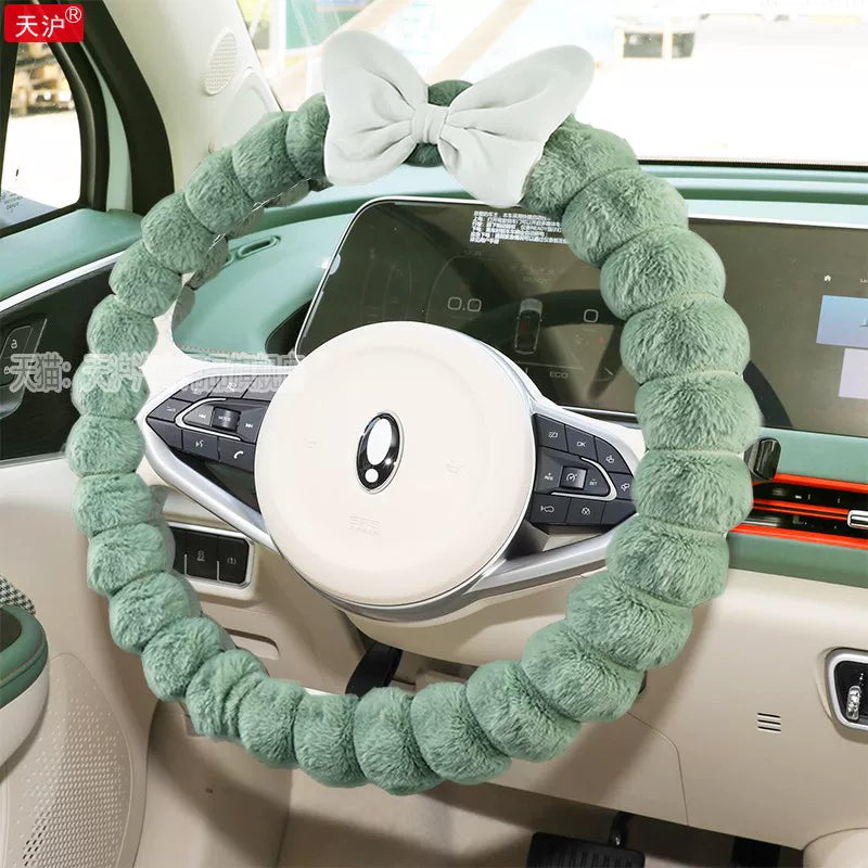 ORA Good Cat Car Steering Wheel Cover GT Car Interior Accessories Support Cover Popular Cream Green Winter Plush For Women