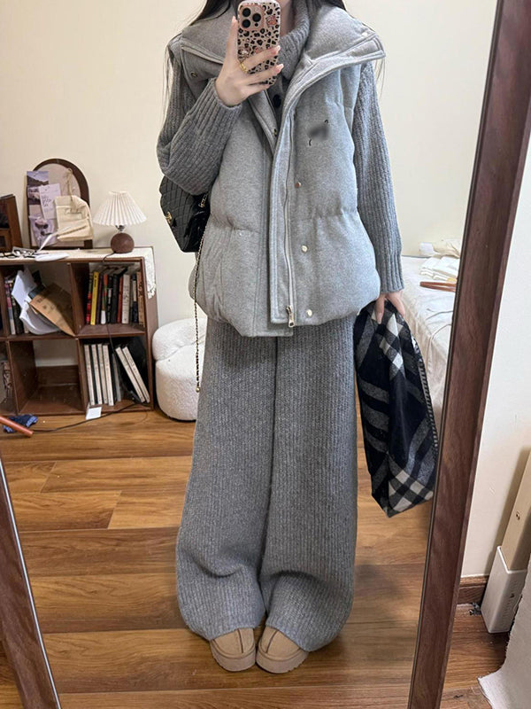 A sleek and lazy three-piece set in Korean style: a stand-up collar vest, a collared cardigan, and gray wide-leg pants.