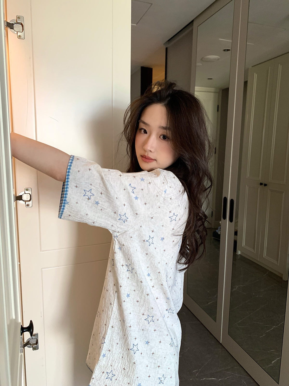 Xinbangbang Homedress yay yeni ulduz çaplı qısaqol pijama, qadınlar üçün dəriyə uyğun və rahat ev geyimi dəsti