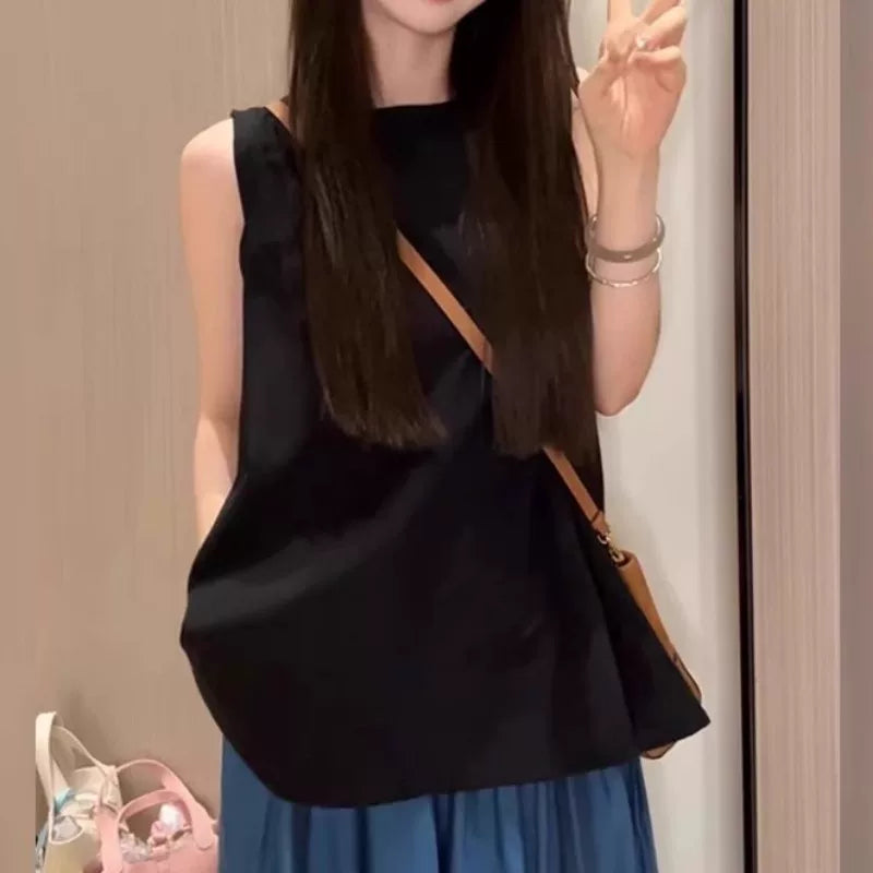 Qadınlar üçün Böyük Ölçülü Koreya Üslublu Dəyirmi Yaxalı Kazak Gödəkçəsi, Yay 2026, Boş Oturacaqlı, Qolsuz, Çoxfunksiyalı, Arıqladıcı Top