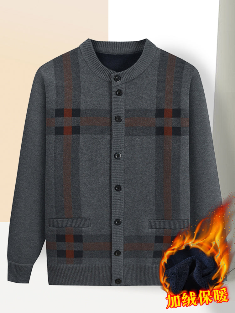 Payız və qış qalın flis hırka, orta və yaşlı insanlar üçün isti, dairəvi yaxalı düyməli toxunma sviter palto, baba köynəyi