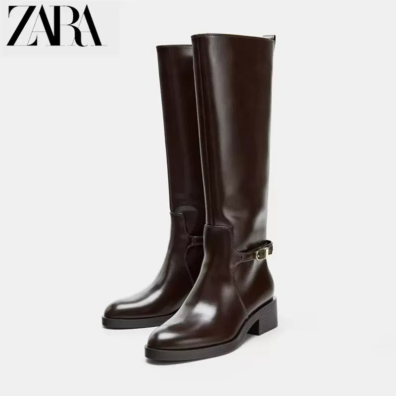 ZA2025 New Autumn/Winter Women's Boots, High Thick Heel Riding Boots, Women's Martin Boots, High Chunky Heel, Round Toe, Flat Boots