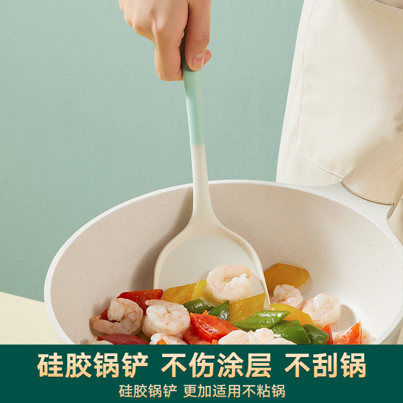Cuidahuang silikon spatula, yapışmayan qab, xüsusi qida dərəcəli yüksək temperatura davamlı silikon yemək spatula, şorba qaşığı və süzgəc dəsti