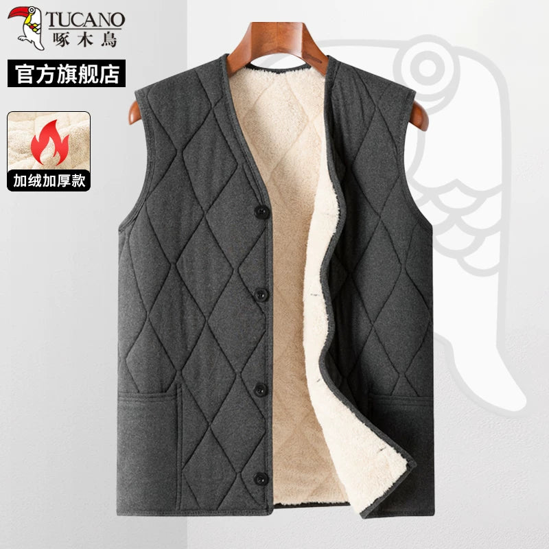 Woodpecker 2025 Qış Yeni Kişilər üçün Yun Astarlı Qalın Jilet, Orta Yaşlı və Yaşlı Atalar Üçün Üst Geyim, İsti Jilet C