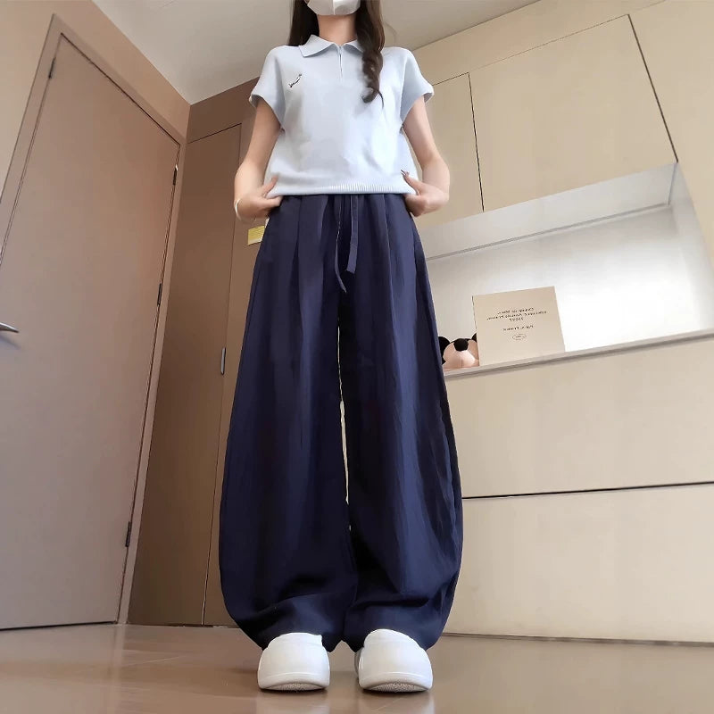 Qadınlar üçün kətandan geniş ayaqlı gündəlik geniş ayaqlı şalvar, yay nazik model, böyük ölçüdə, armud formalı, yüksək belli, draped əyri şalvar