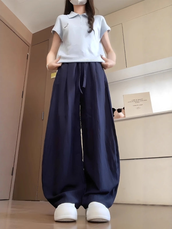 Qadınlar üçün kətandan geniş ayaqlı gündəlik geniş ayaqlı şalvar, yay nazik model, böyük ölçüdə, armud formalı, yüksək belli, draped əyri şalvar