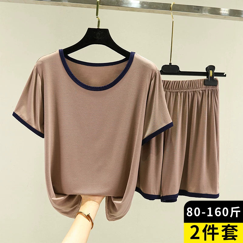 2026 Yay Modal Pijama Dəsti Qadın İncə Ev Boş Qısaqol T-Shirt Böyük Ölçülü Üst Şort İki Parçalı Dəst