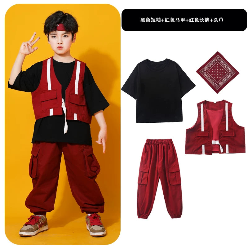 Küçə rəqsləri uşaqlar üçün dəbli, gözəl oğlanlar üçün hip-hop performansı jileti, üç hissəli hip-hop küçə performansı kostyumu.