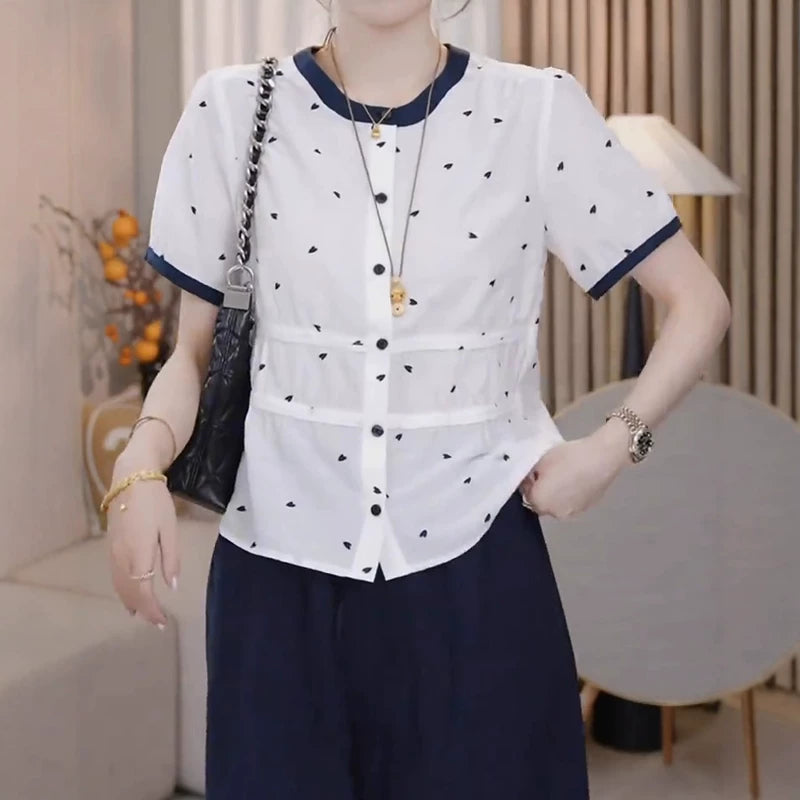 Böyük Ölçülü Qadın Geyimləri, 2026 Yay Yeni Stil, Dəbli, Zərif, Boş Formalı, Arıqladıcı Dəyirmi Yaxalı Qısa Qollu Köynək Topu