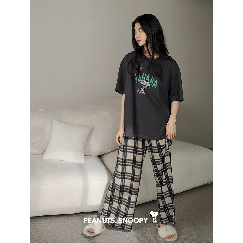 Beiyan yay nazik pambıq qısaqol cüt pijama qadınlar üçün Snoopy sərin ev geyimi təsadüfi böyük ölçülü kişi kostyumu