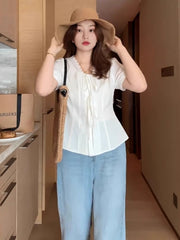 Qadınlar üçün böyük ölçülü fransız üslubunda qısaqol ağ köynək, yay üslubunda, arıqlama üçün və gözəl bluza.