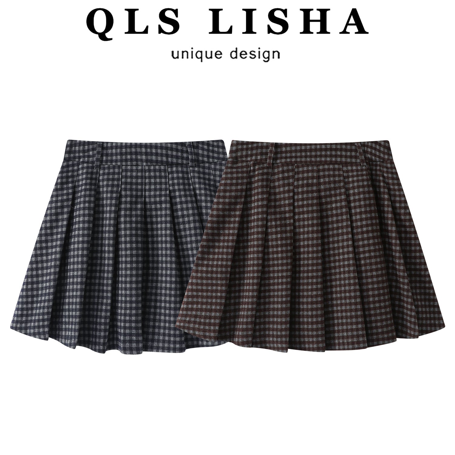 Cholisa yun damalı büzməli ətək, yeni payız/qış stili, yüksək belli, retro, preppy, qısa A-xəttli ətək.