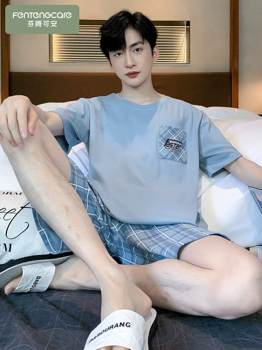 Kişilər üçün pijama yay təmiz pambıq nazik qısaqol şort kostyumdan kənarda geyinmək olar təsadüfi böyük ölçülü kişi sərin ev paltarı