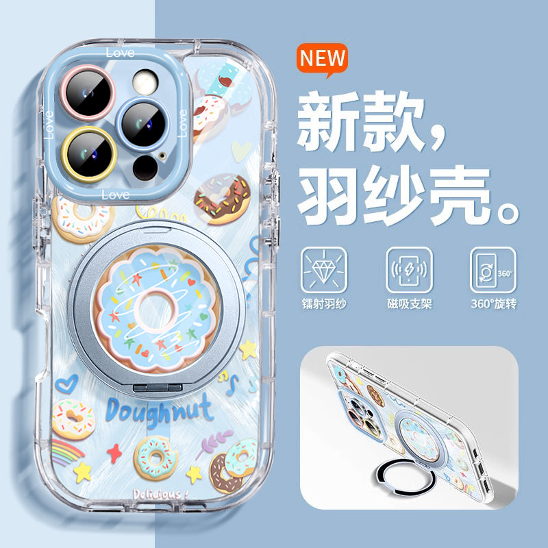 Woaini Apple 16pro mobil telefon qutusu 17p şirin donut 15 üçün uyğundur, maqnit dayağı 14promax silikon iPhone13 hər şey daxil olmaqla, düşməyə qarşı üstəgəl qabaqcıl 12 qadın modeli 11 lanyard ilə gəlir