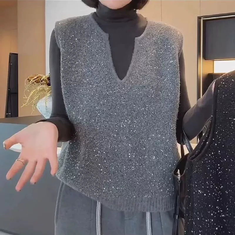 Qadınlar üçün Avropa üslubunda muncuqlu qolsuz toxunma jilet, payız və qış, böyük ölçüdə, geniş formada, yüksək səviyyəli model.