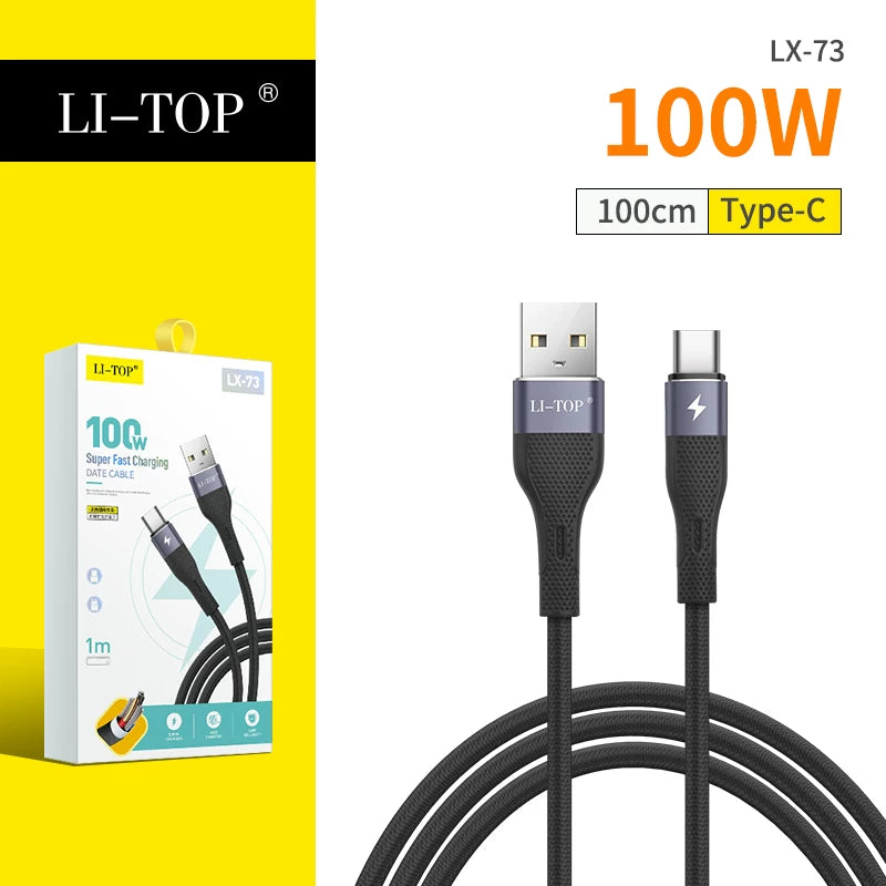 6A örgülü LX71 əyilmə əleyhinə 100W flaş doldurma kabeli Type-C cib telefonunun şarj kabeli məlumat kabeli super sürətli şarj üçün uyğundur
