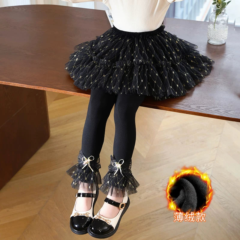 Qızlar üçün bir hissəli ətək şalvarları, 2025-ci ilin yaz və payız mövsümü üçün yeni model uşaq qış geyimləri, flis astarlı, süni iki hissəli leqinslər, ağ, çöldə geyinmək üçün.