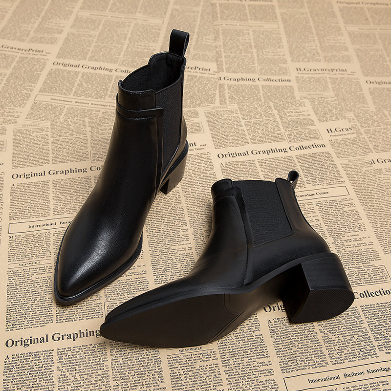 2025 Early Autumn Pointed Toe Mid Heel French Ankle Boots, Thick Heel Chelsea Brown Martin Women's Boots, Spring and Autumn