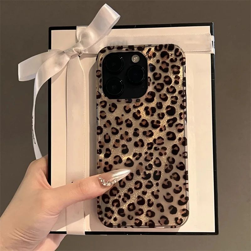 Cute leopard print transparent phone case for iPhone 16 15 14 13 1