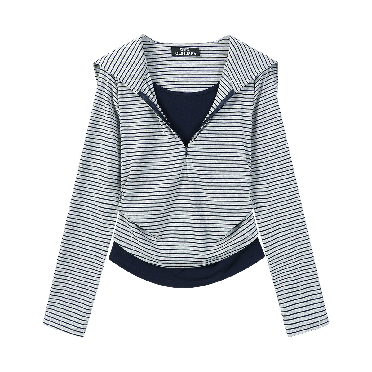 Cholisa Seksual İncə Fit Zolaqlı Patchwork Faux İki Parçalı Dənizçi Yaxalıqlı Uzun Qollu Köynək Qadınlar üçün Əsas Qatlı Top