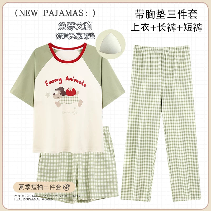 Qadınlar üçün üç hissəli təmiz pambıq pijama dəsti, yastıqlı qısaqol şalvarla yay sevimli cizgi filmi qız tələbə ev paltarı