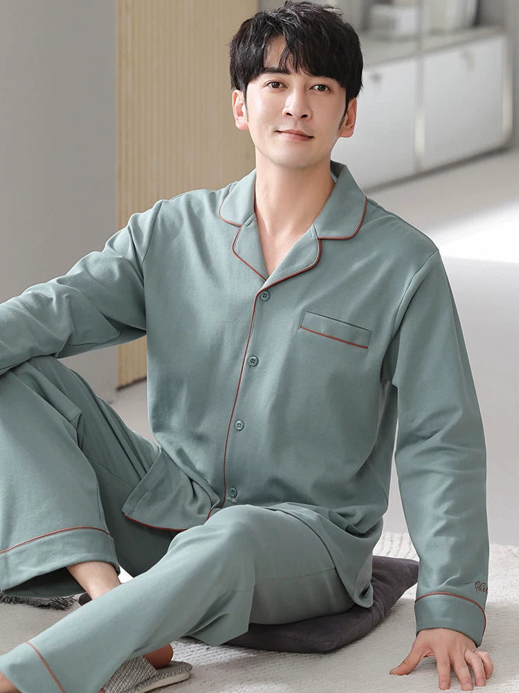 Langsha Kişilər üçün Təmiz Pambıq Pijama 2025 Yeni Yaz və Payız Nazik Uzunqollu Böyük Ölçülü Payız və Qış Kişilər üçün Ev Geyimləri Dəsti