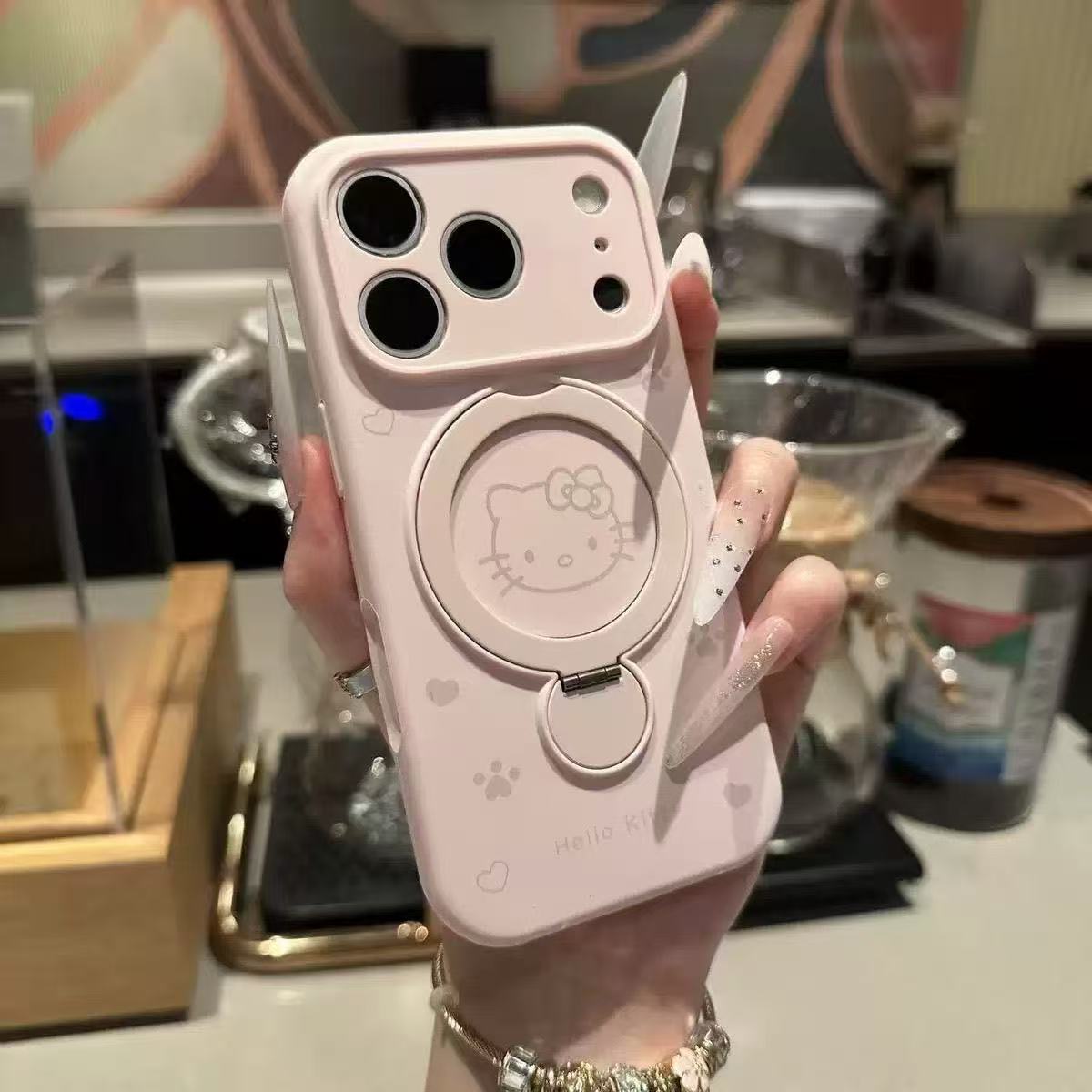 Apple 17Promax mobil telefon üçün uyğun Magsafe maqnit maye silikonu iPhone16Pro love Kitty cat 15Pro 360° fırlanan stend 14Pro yıxılmağa qarşı 13 qoruyucu örtük