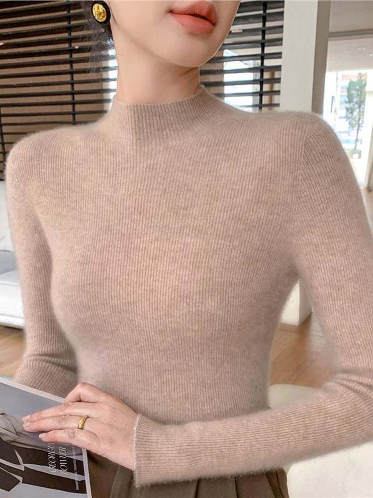 Qadınlar üçün yüksək keyfiyyətli yun sviter, hündür yaxalı, incə bədən quruluşlu, laylı-laylı, payız və qış üçün ideal, yeni model, qalın və çoxfunksiyalı toxunma sviter