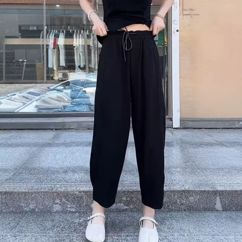 Qadınlar üçün böyük ölçülü dəbli düz ayaqlı gündəlik şalvarlar, bir az kök qızlar üçün yay bestselleri, arıqladıcı, geniş, pərdəli, qısa hərəm şalvarları