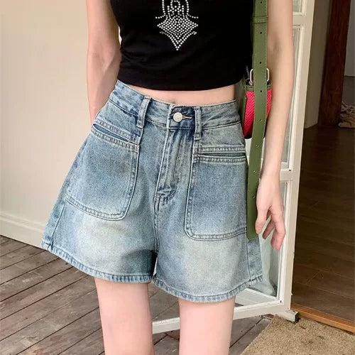 2026-cı il yayında qadınlar üçün yeni retro yüksək belli denim şortlar, arıqladıcı, geniş ayaqlı A-xəttli isti şalvar