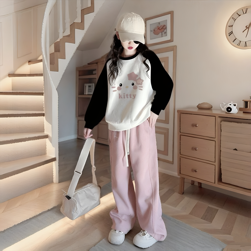 Qızlar üçün uzunqol sviter, yaz, payız və qış, orta və böyük yaşlı uşaqlar və tələbələr üçün şık, geniş uşaq formalı Hello Kitty alt qatlı üst geyim.