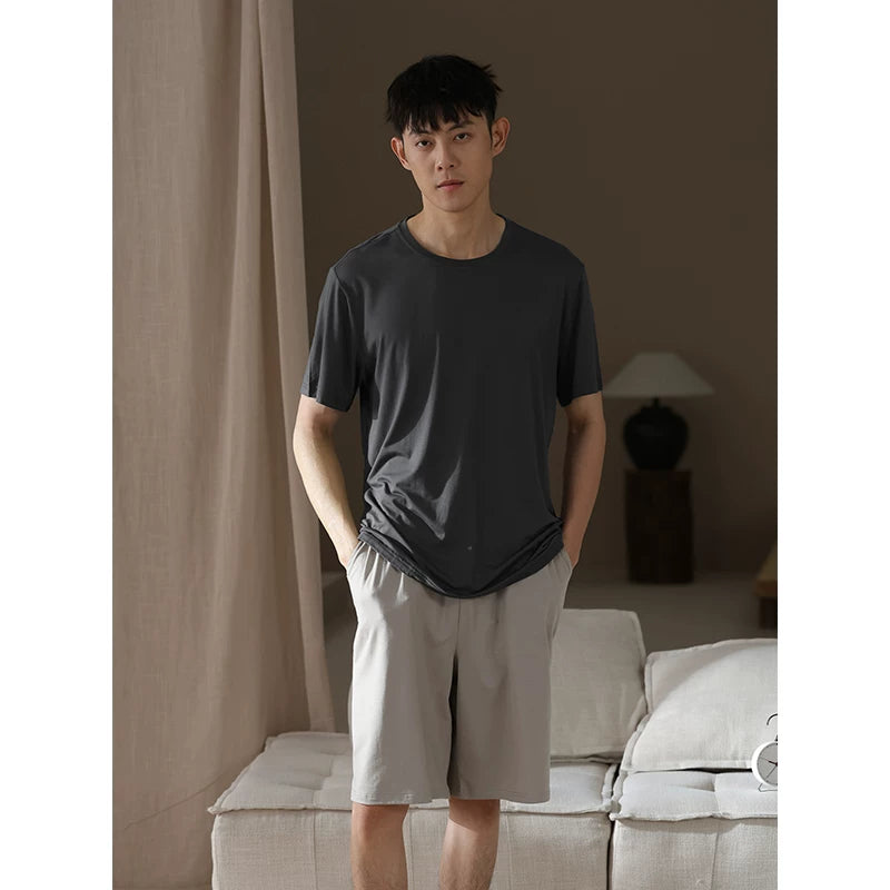 [Cool Feeling] Modal Buz İpək Pijama Kişi Yay Nazik Qısaqol Şort Yeniyetmələr Evdən Geyimi Kostyum