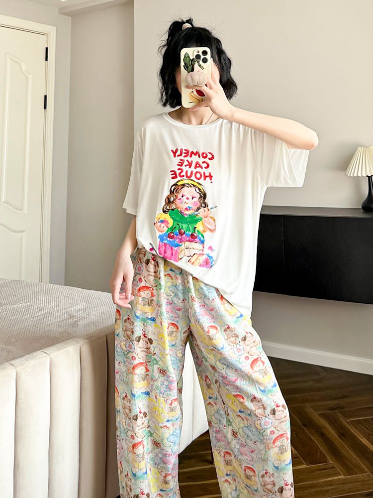 İncə bölmə ~ yağlı boya cizgi filmi modal pijama qadınlar üçün yay qısaqol şalvar buz ipək sərin və sevimli Yapon ev paltarları