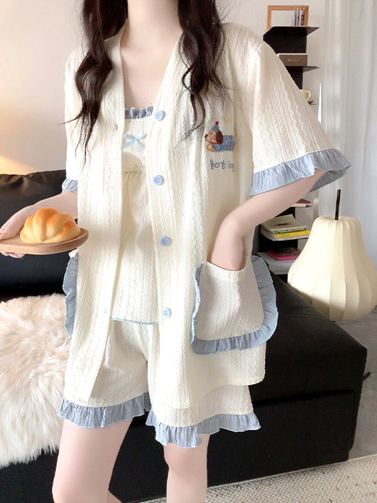 Qadınlar üçün asma üç parçalı pijama döş yastıqları ilə yay təmiz pambıq qısaqol şort ev geyimi qadın nazik 2026 yeni stil