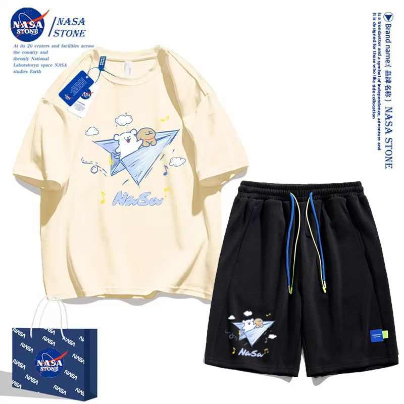 NASA kobrendli cizgi filmi qısaqol şort kostyumu 2025 yay moda markası təmiz pambıq köynək kişi və qadın idman beş nöqtəli şalvar