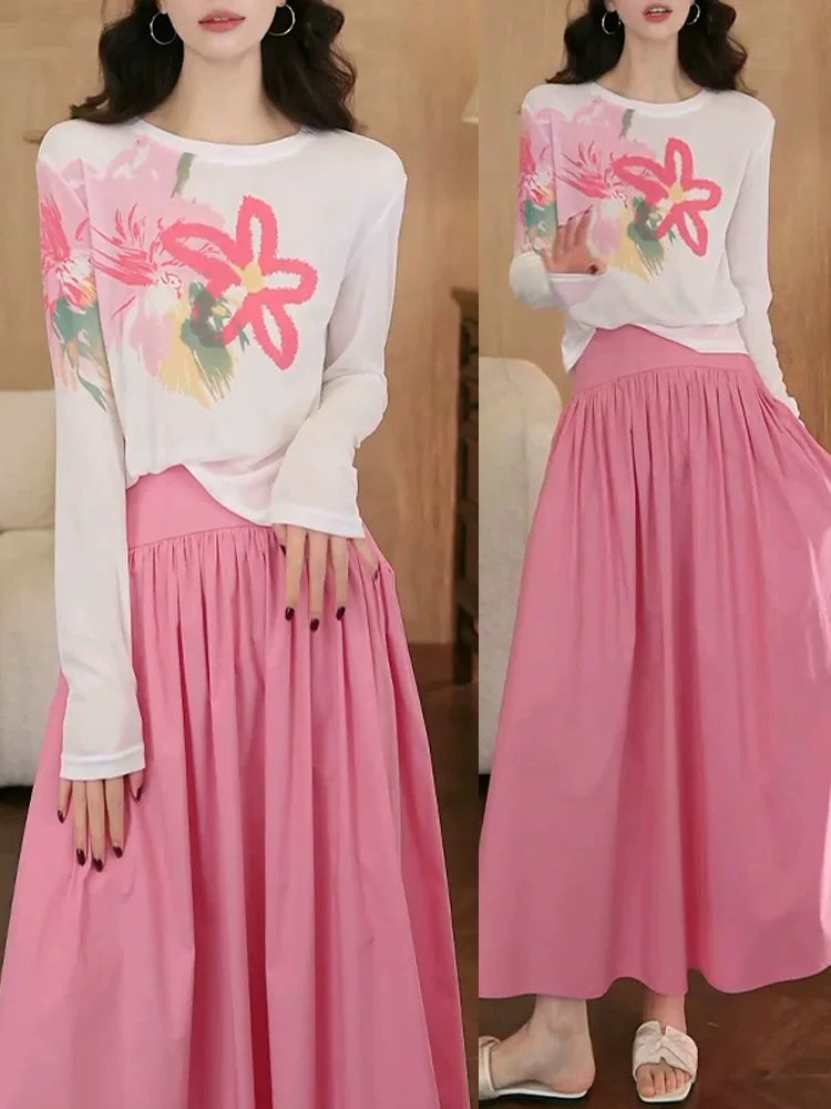 Fransız retro çəhrayı qatlı ətək qadınlar üçün yay yeni xasiyyətli yüksək bel orta uzunluqlu böyük ətəyi A-xəttli yubka
