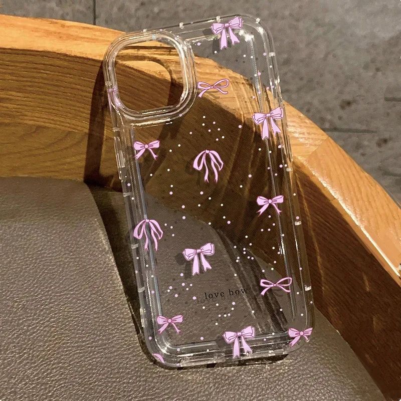Korean Cute Pink Bowknot Transparent Phone Case for iPhone 15