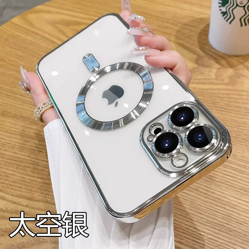 Apple iPhone 16 üçün uyğundur, iPhone 11/12/13/14 Pro Max üçün zərbəyə davamlı silikon korpus, i15 Plus üçün yeni maqnit linza tam örtük, kişilər və qadınlar üçün yüksək keyfiyyətli elektrokaplamalı cüt ultra nazik şəffaf yumşaq korpus.