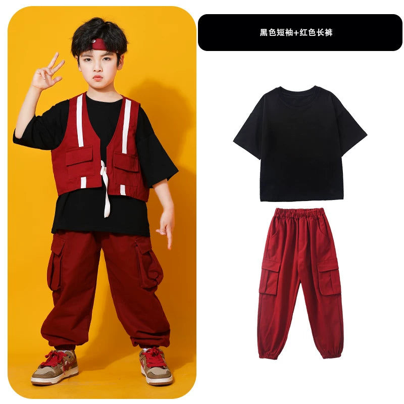 Küçə rəqsləri uşaqlar üçün dəbli, gözəl oğlanlar üçün hip-hop performansı jileti, üç hissəli hip-hop küçə performansı kostyumu.