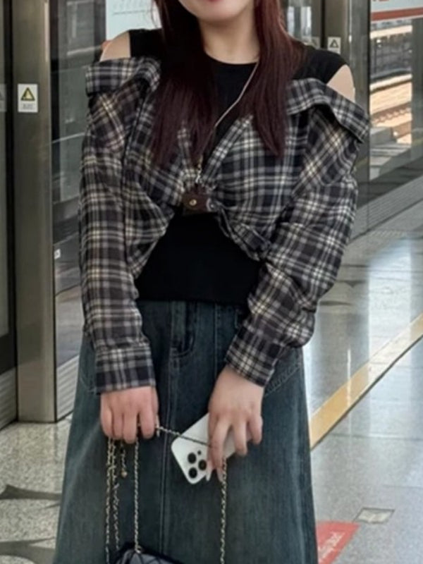 Böyük ölçülü dizayn, süni iki hissəli, çiyinləri açıq dama-dama köynək, böyük ölçülü qadınlar üçün yeni yaz üslubunda, geniş formalı, super arıqladıcı köynək.